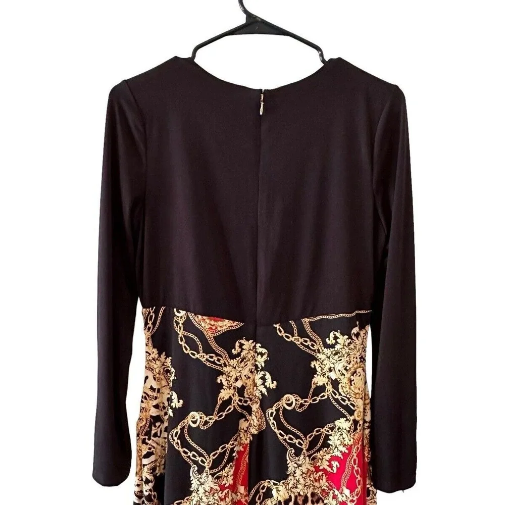 Thalia Sodi Black Red Chain Link Animal Print Sheath Ruched Bodycon LS Zipper M - Picture 7 of 16